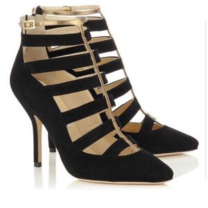 Jimmy Choo Fathom Black and Gold Suede Strappy Heels, EUC, Size 7.5, MSRP $1195